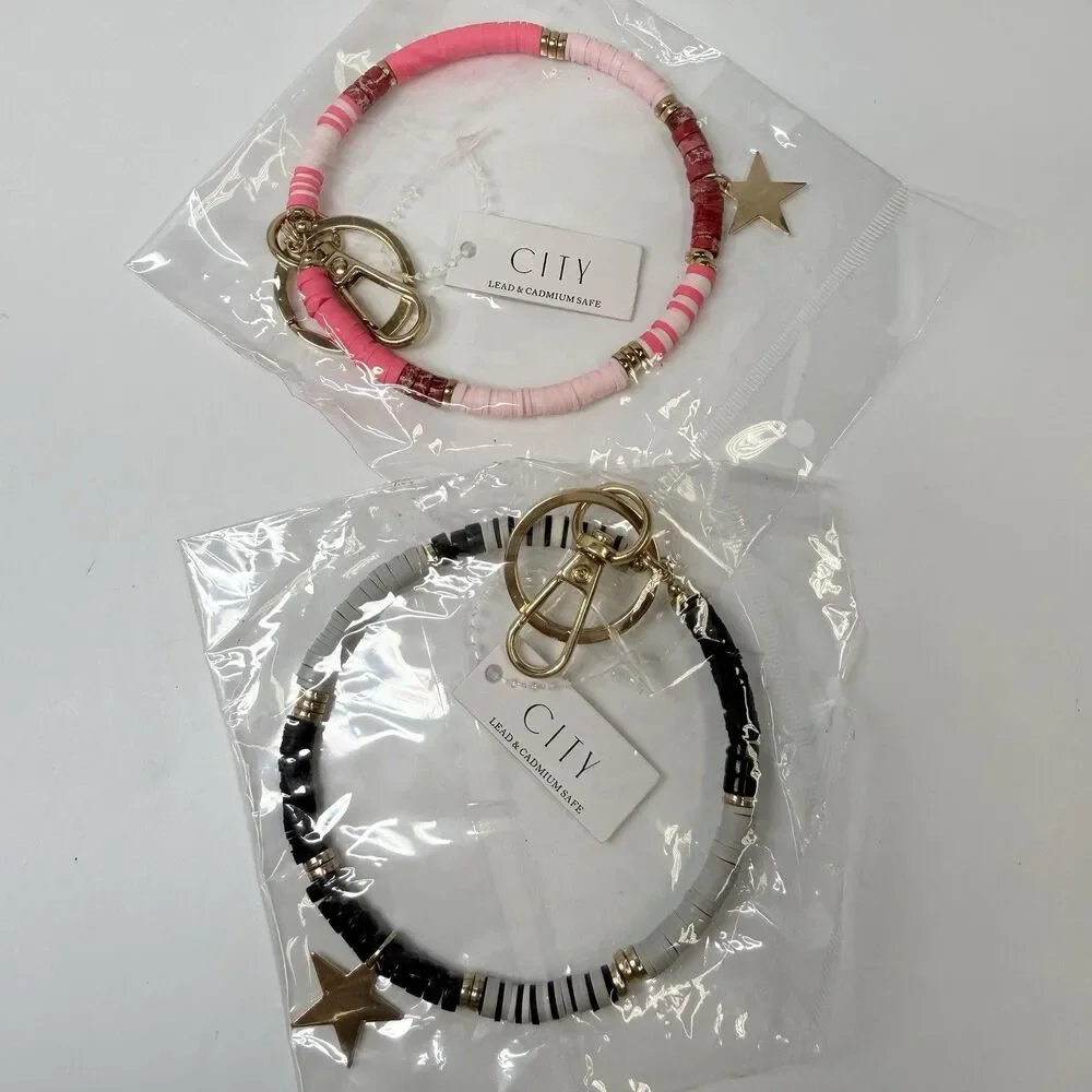 CITY Heishi Beaded With Star Charm Bundle Of 2 Bracelet Key Rings New